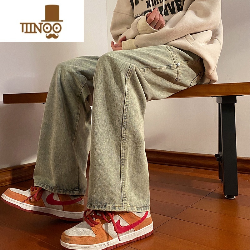 YANXU黄泥色牛仔裤男日系水洗做旧潮牌美式高街百搭宽松直筒休闲长裤Y高清大图