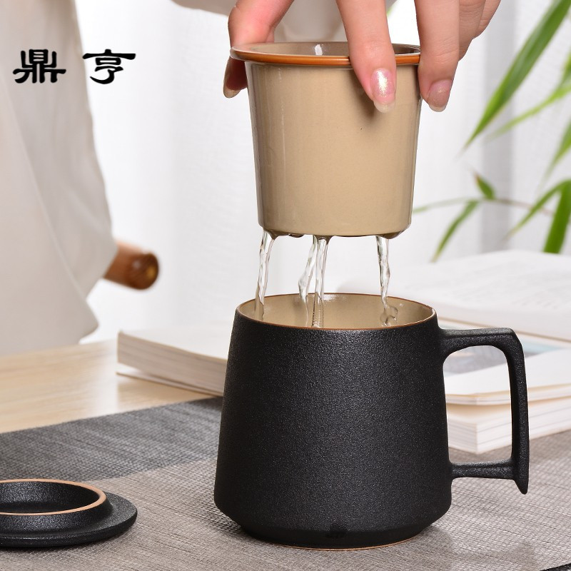 鼎亨办公杯带盖过滤陶瓷马克杯日式杯子内胆泡茶杯订制DIY刻字LOG