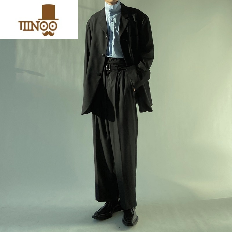 YANXU黑色高腰设计感韩版西装裤直筒宽松阔腿休闲裤垂坠感免烫男士裤子高清大图