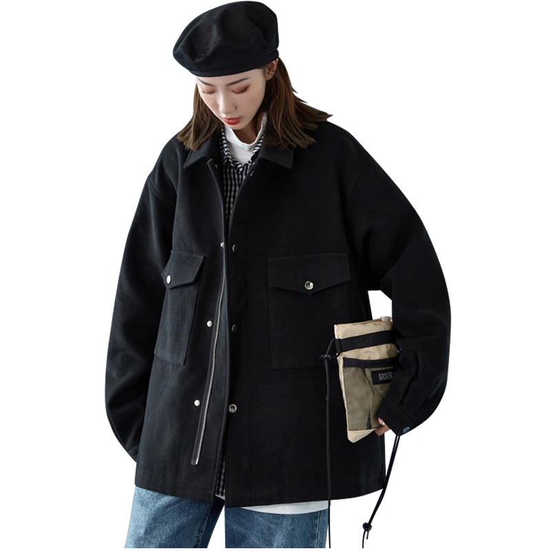 fishbasket毛呢外套女百搭短款妮子上衣韩版宽松冬季加厚大衣小个子