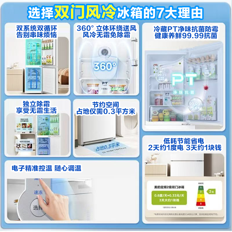 美的(Midea)186升双门双系统双循环风冷无霜节能低噪租房小型迷你家用电冰箱高清大图