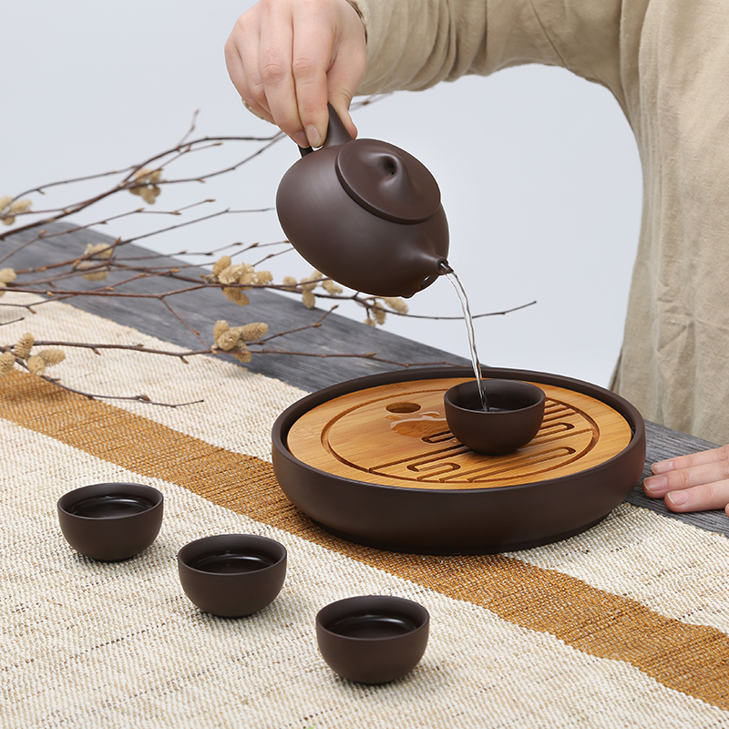 常生源 旅行功夫茶具套紫砂茶盘 一茶壶四茶杯办公室 壮志凌云便携紫砂茶具高清大图