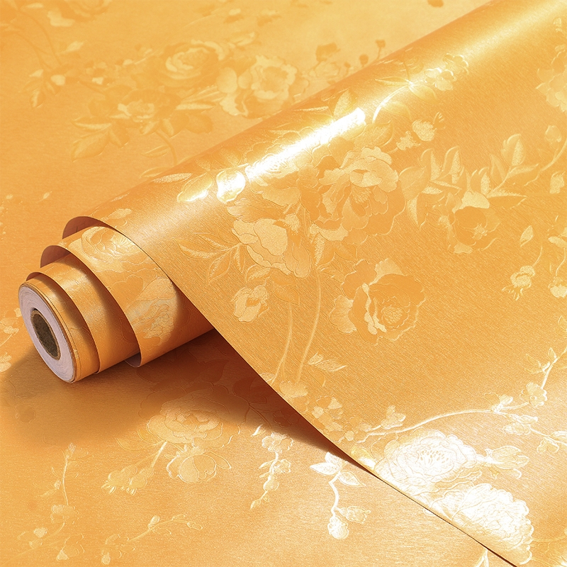 古达墙纸/墙布 金色墙纸自粘古达玫瑰花纹米黄色防水壁纸家用温馨客厅