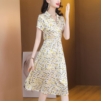 碎花真丝连衣裙女装2024夏季新款中年妈妈收腰大码显瘦桑蚕丝裙 7110黄色 3XL