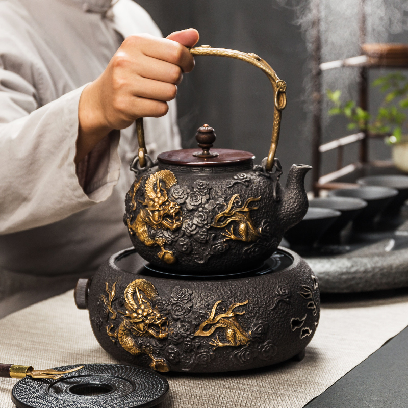 老铁壶黄金蛋手工茶壶铸铁电热煮茶器家用泡茶烧水壶电陶炉套装 雅黑帝依电陶炉+竹韵铁壶
