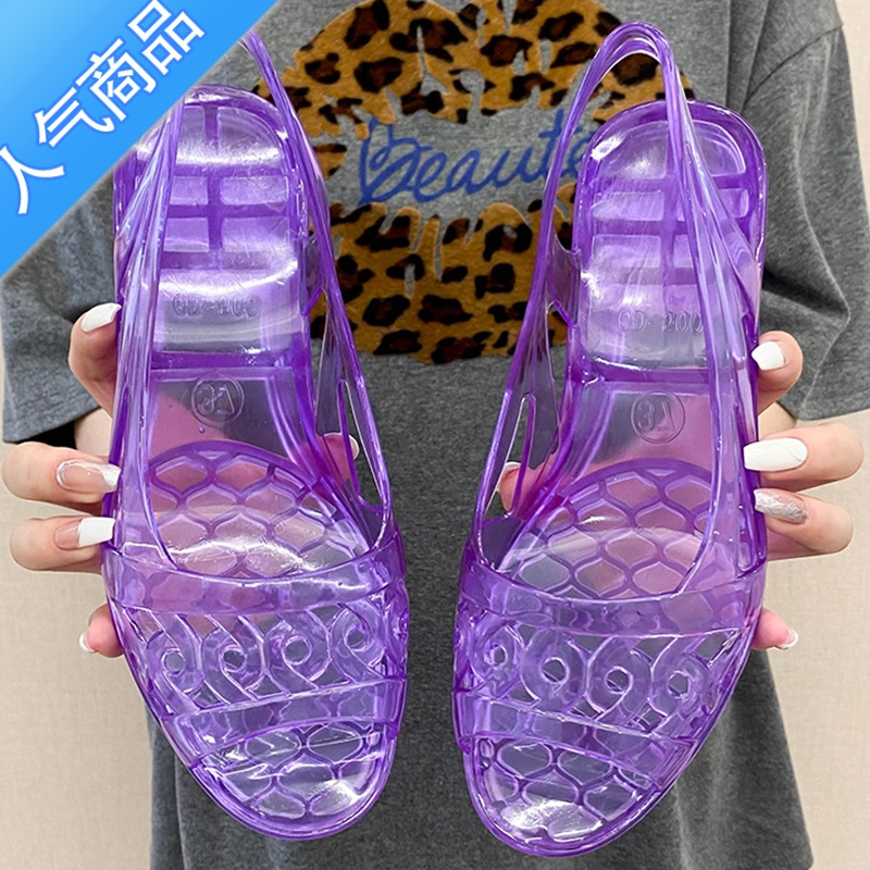 SUNTEK增高网红女夏鱼嘴中跟塑料单鞋果冻时尚凉鞋舒适镂空浅口休闲水晶