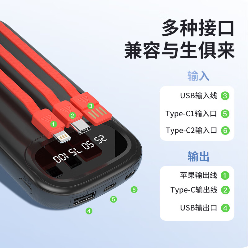 纽曼(Newmine)DY01 充电宝 10000毫安时 自带三线10W移动电源 3C认证 黑色.高清大图