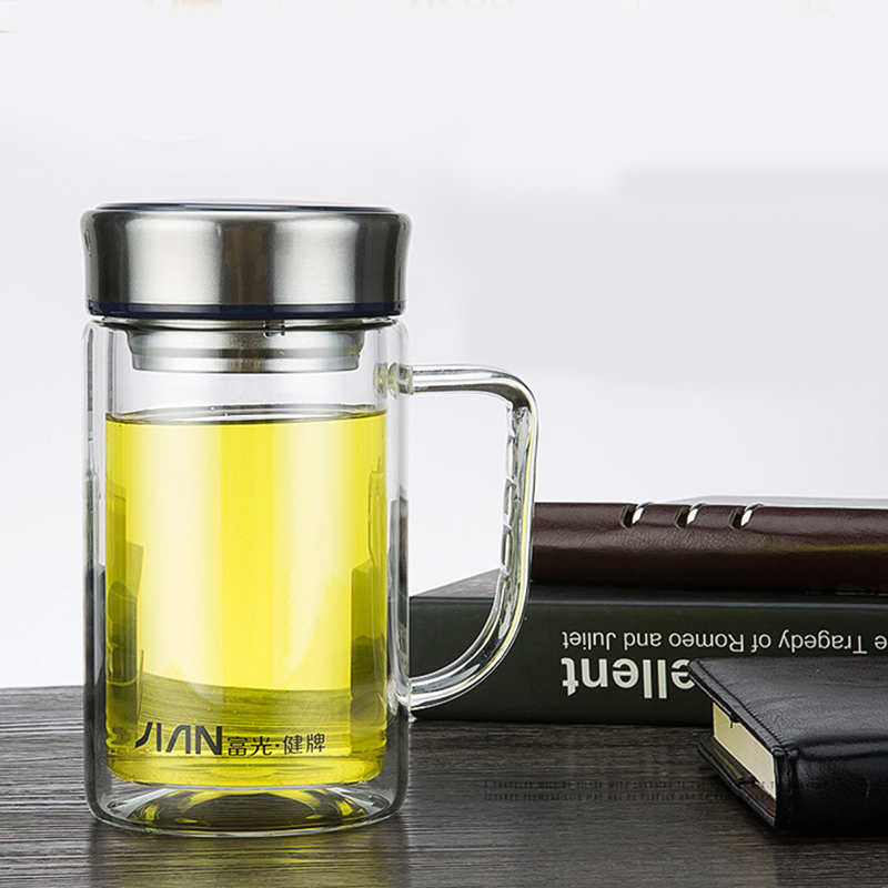 富光 健牌380ml带把双层玻璃杯 便携水杯带盖过滤茶杯办公杯TC-175 (个)