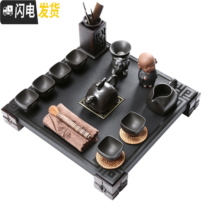 三维工匠整套紫砂功夫茶具套装家用黑檀实木茶盘乌金石茶台茶壶茶杯 乌金石瑞福+哥窑石瓢套装 25件高清大图