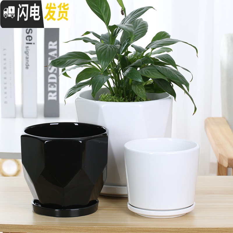 三维工匠欧式花盆陶瓷白色创意个性特大号带托盘家用吊兰带托盘绿萝 93006白 特大花盆容器