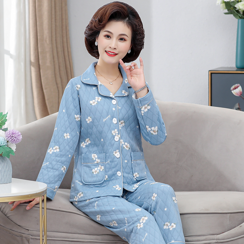春秋冬季夹层棉睡衣女纯棉长袖中年妈妈中老年家居服加厚保暖套装