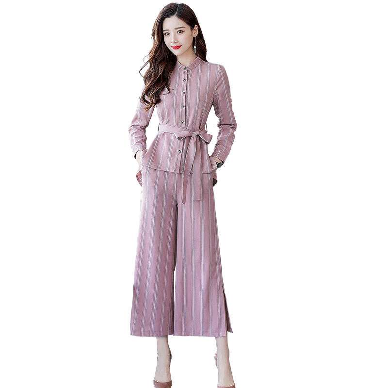 时尚条纹高腰九分裤套装女新品女士秋季气质阔腿裤女神范两件套潮
