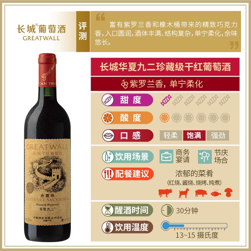 中粮长城 干红葡萄酒 国产红酒 九二木质礼盒装750ml单瓶 送礼珍藏佳选