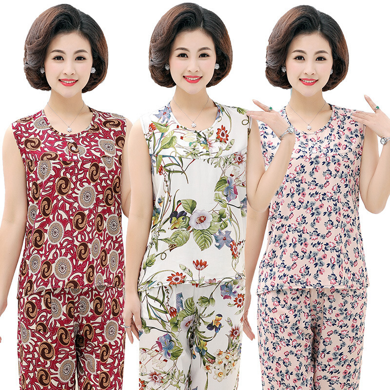 波迷娜（BOMINA)中老年棉绸睡衣女马裤套装2021新款秋季睡衣女妈妈装棉套装无袖老年人服绵绸人造棉