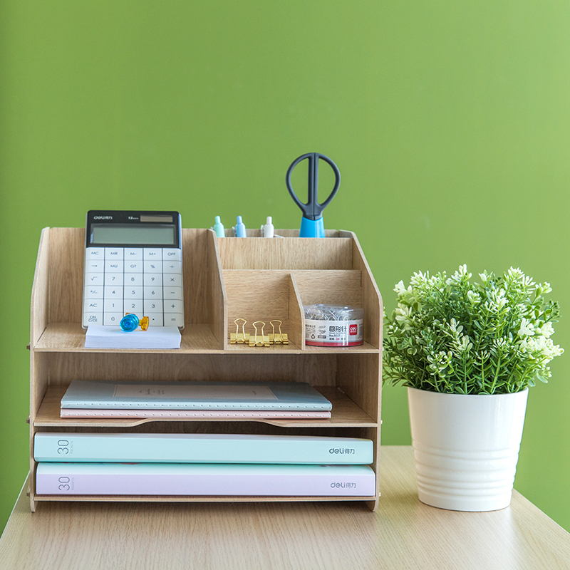 得力(deli)木制DIY创意多层组合收纳盒 多功能桌面收纳座/文件框/文件架 原木色*3