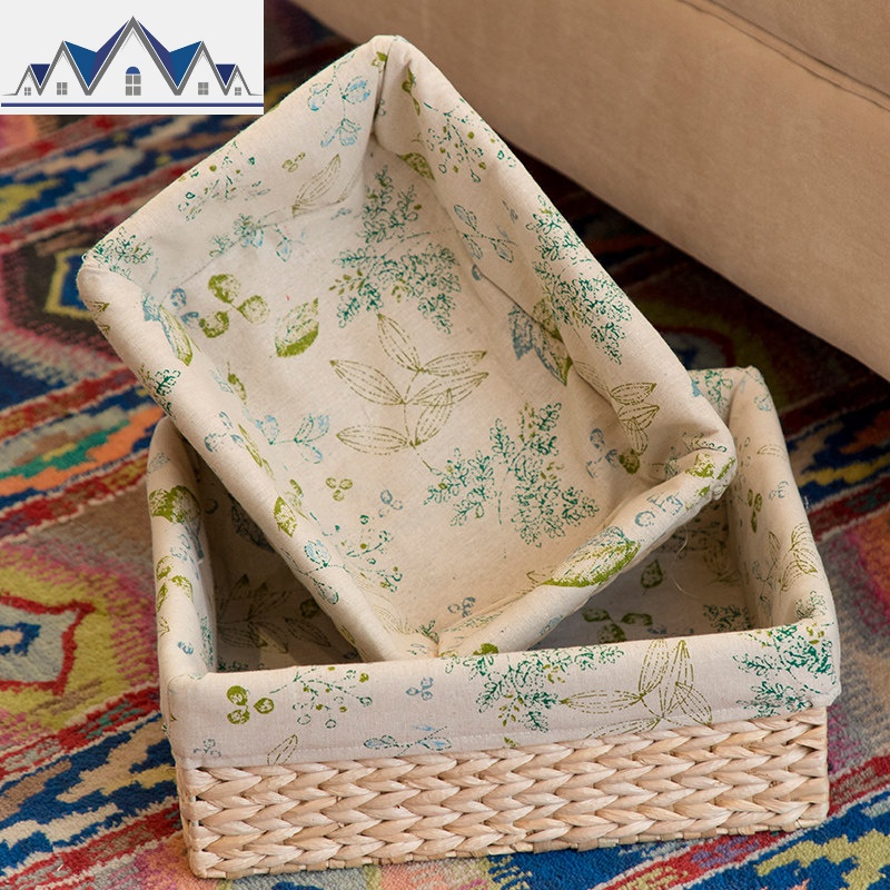 藤编编收纳盒桌面整理筐家居收纳箱脏衣杂物收纳盒篮布艺 三维工匠收纳篮 绿树叶内衬中号（无把手）36*25*16cm