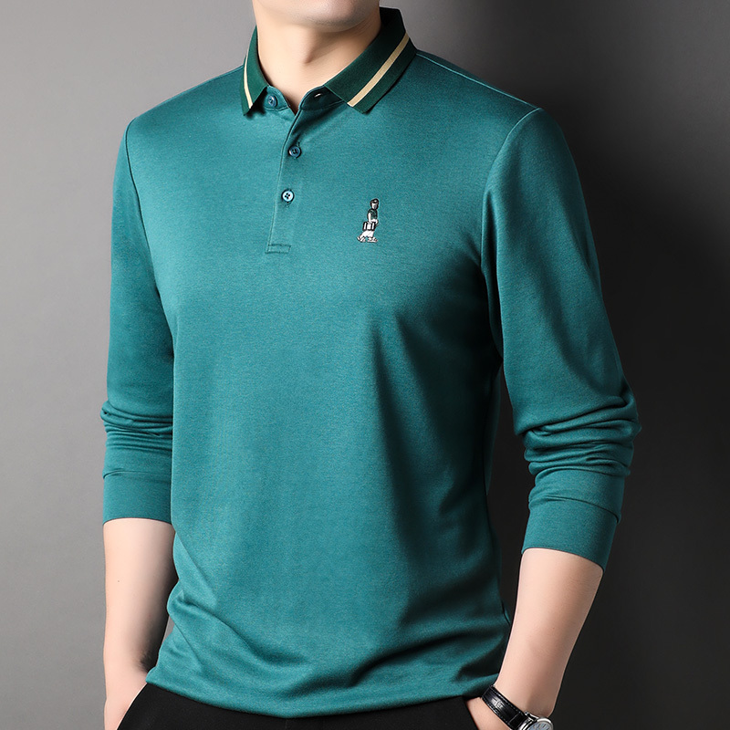 花花公子品牌丝光棉刺绣男士长袖t恤翻领商务休闲中年男装体恤2022秋