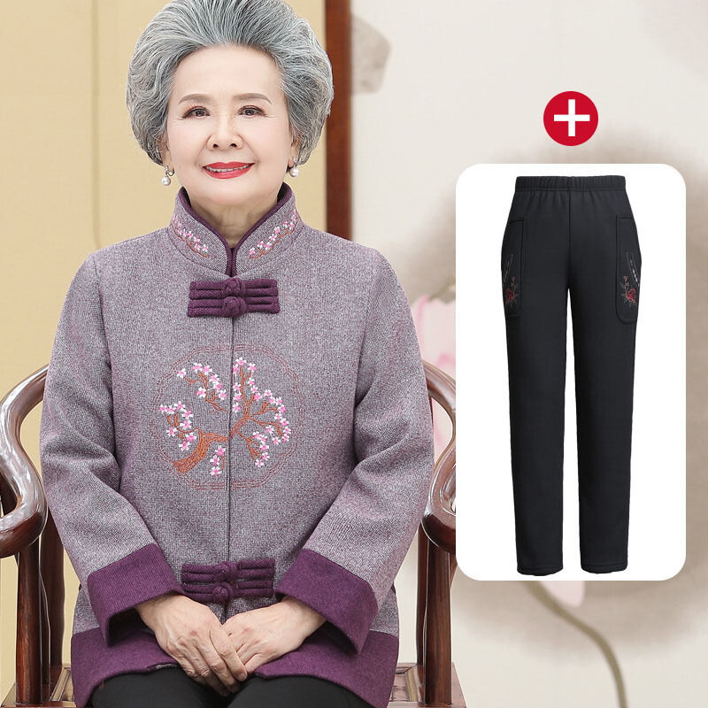 迪鲁奥（DILUAO)奶奶装秋冬装外套中老年女装春秋季外衣60-70-80岁老年人呢大衣宽_934 5XL建议145-165斤 3428#浅紫色(上衣+裤子)