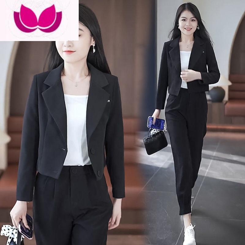 七斓欧货短款休闲西装服套装女2023新款时尚减龄洋气哈伦裤套 XXL125-140斤 黑色