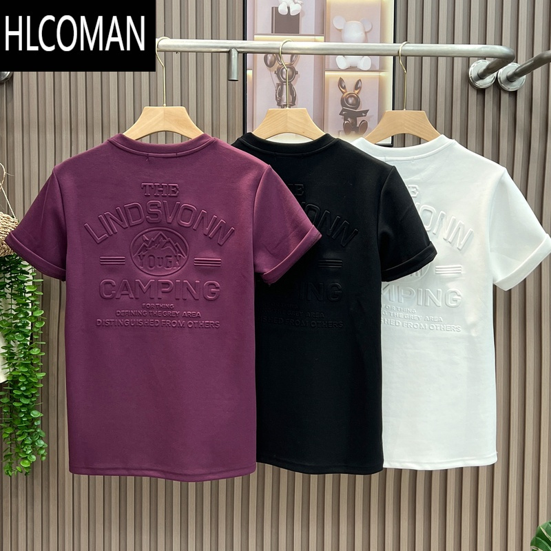HLCOMAN2025年夏季新款男士百搭潮流钢印短袖T恤潮流宽松时尚简约上衣服