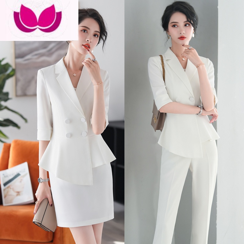 七斓白色职业西装套装气质女夏季薄款高端美容院店长美容师工作服套裙