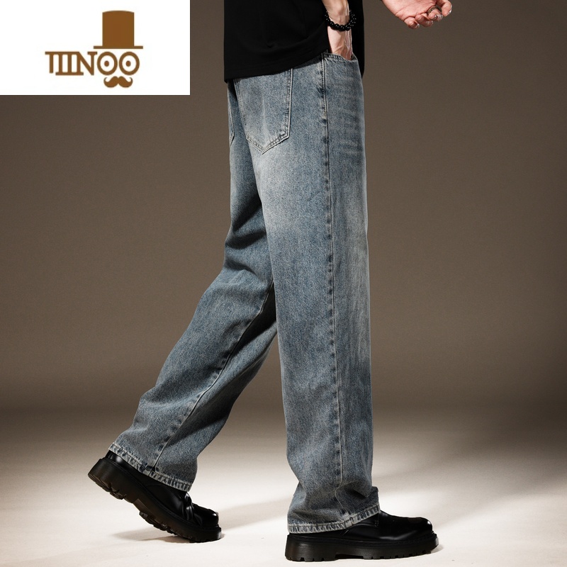 YANXU高街美式休闲阔腿牛仔裤男宽松大码直筒秋季复古水洗浅蓝色长裤子高清大图