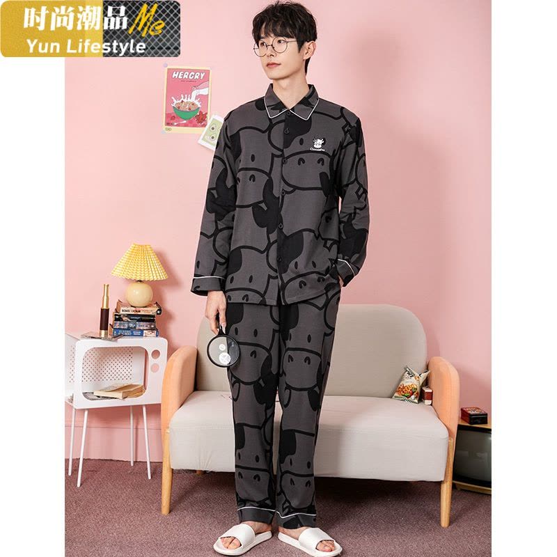 YUNWUXIN梦米诺睡衣女春秋季新款套装情侣奶牛长袖男士宽松薄款棉家居服睡衣图片