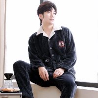 秋冬季珊瑚绒睡衣男加厚加绒男士冬天法兰绒居家服加大码保暖套装_5 （175/XL码）建议130-160斤 MNJ9074男款