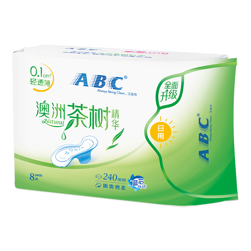 ABC日用卫生巾 轻透薄网感棉柔240mm*8片 (含澳洲茶树精华)(新老包装随机发货)