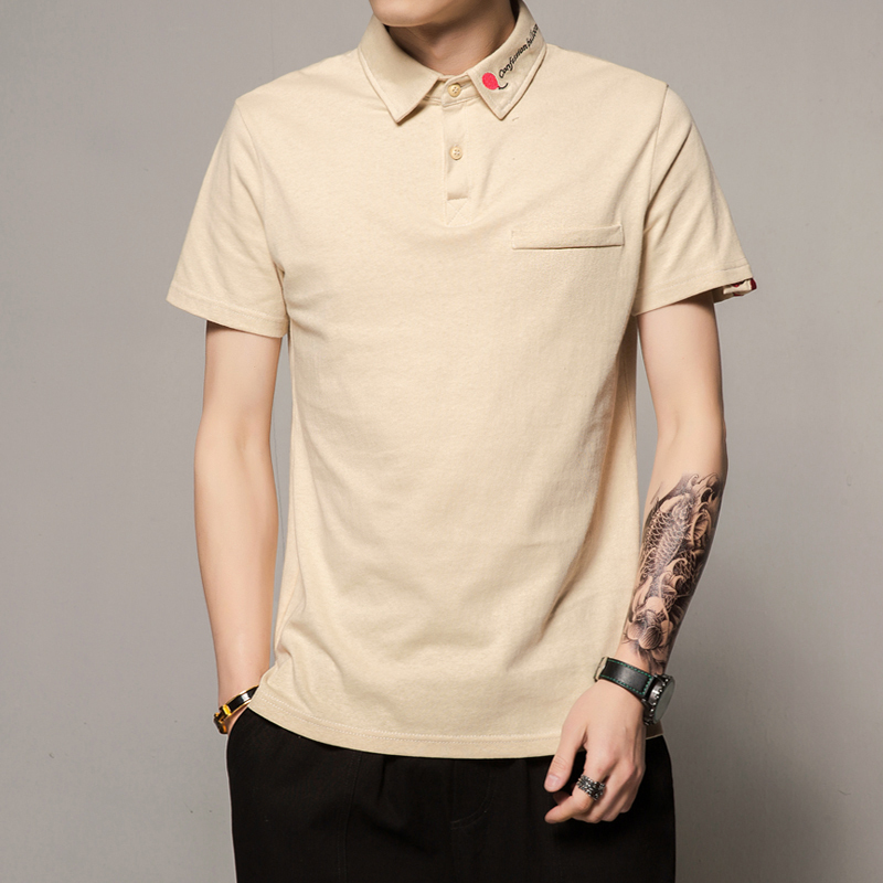 男士短袖t恤翻领中年夏款纯色polo衫体桖保罗上衣服刺绣丅恤时尚