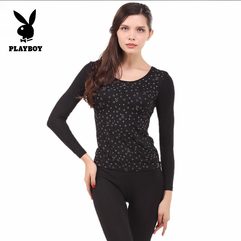 【断码清仓】花花公子女士秋衣秋裤套装修身圆领打底衬衣女黑色高清大图
