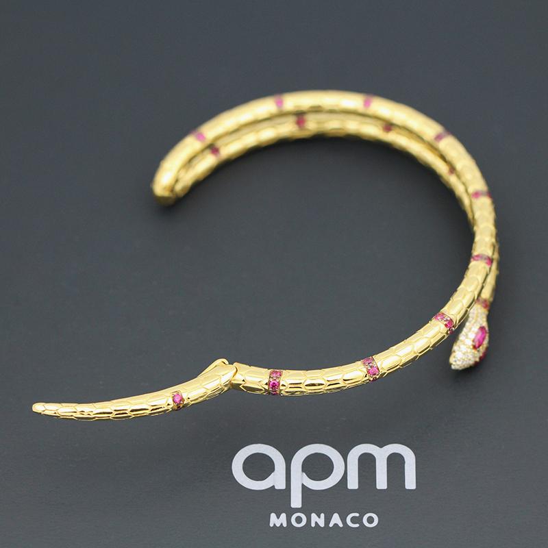 apm MONACO金色红刚玉蛇神925银手镯镶晶钻高贵女士手环百搭首饰欧美风格送恋人AB3506XKRY