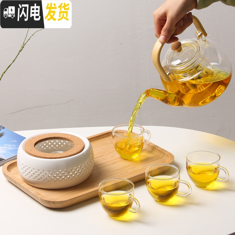 三维工匠日式创意花茶茶具煮茶炉蜡烛加热底座玻璃茶壶可高温水 竹提梁壶+玲珑温茶底座B款+透明杯4个+长方形托盘(送50颗高清大图