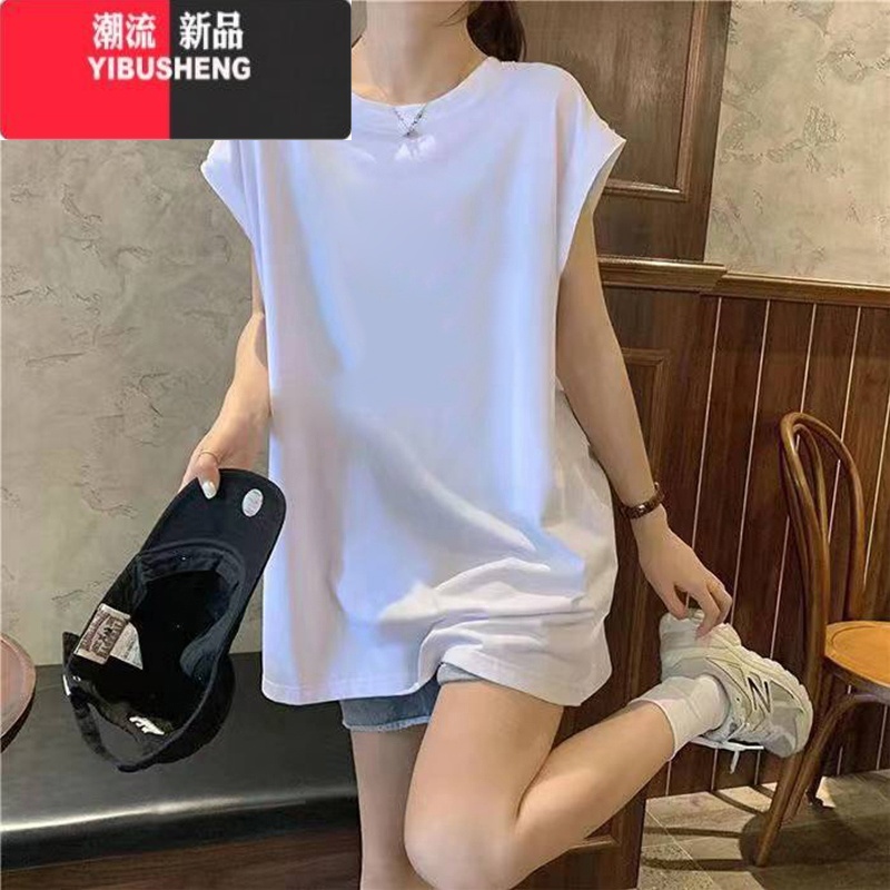 YIBUSHENG设计感白色小飞袖上衣潮中长款宽松休闲无袖t恤女生2024季新款高清大图