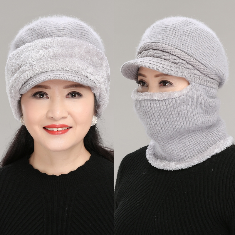 老人棉帽兔毛针织帽女冬季护脸帽子古达围脖妈妈棉帽老太太帽奶奶帽厚
