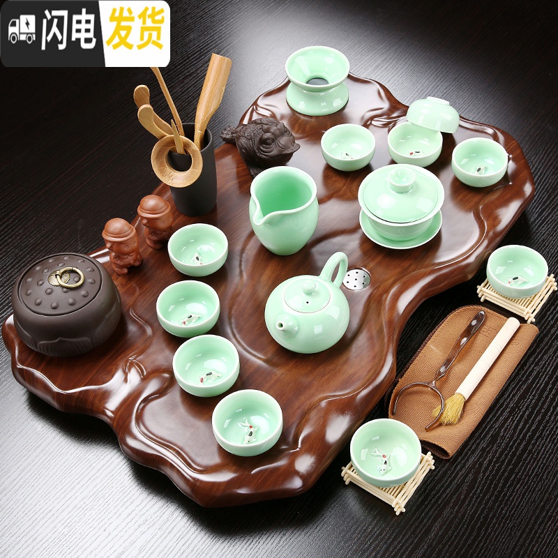 三维工匠实木茶盘工夫茶具套装办公室会客紫砂茶壶茶杯家用现中式喝茶茶道 18吉象茶盘(带罐)+圣龙莲生268 36件高清大图