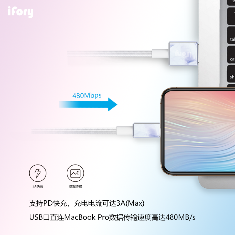 安福瑞(iFory) 苹果数据线MFi认证iPhone11pro/xs/手机快充充电线支持苹果12 淡蓝紫0.9米