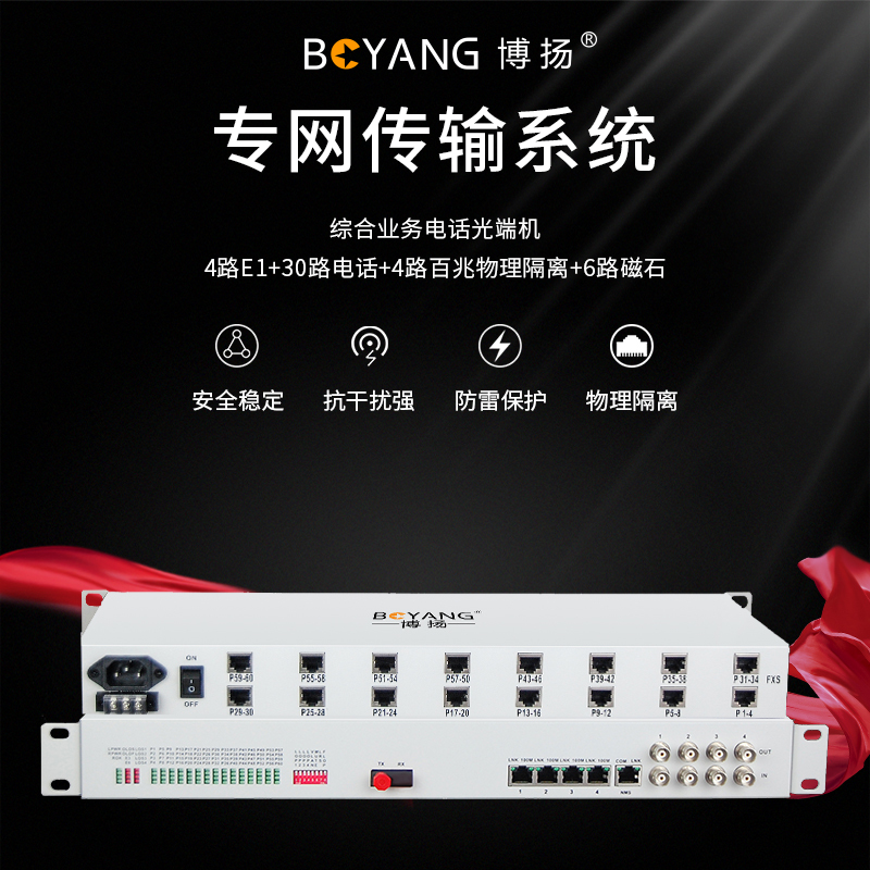 博扬 综合业务电话光端机 4路E1+30路电话+4路百兆物理隔离+6路磁石 FC单纤80km 1对