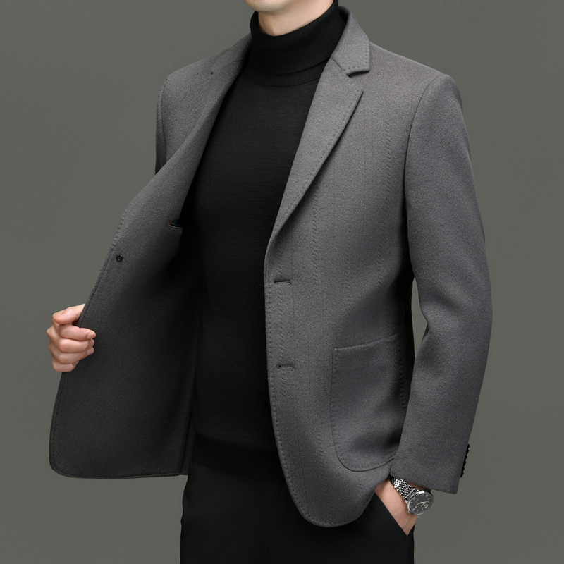 双面呢西服外套羊绒大衣男春秋季中年商务100纯羊毛双面呢羊毛呢子中长款西装领羊绒毛呢大衣外套品牌