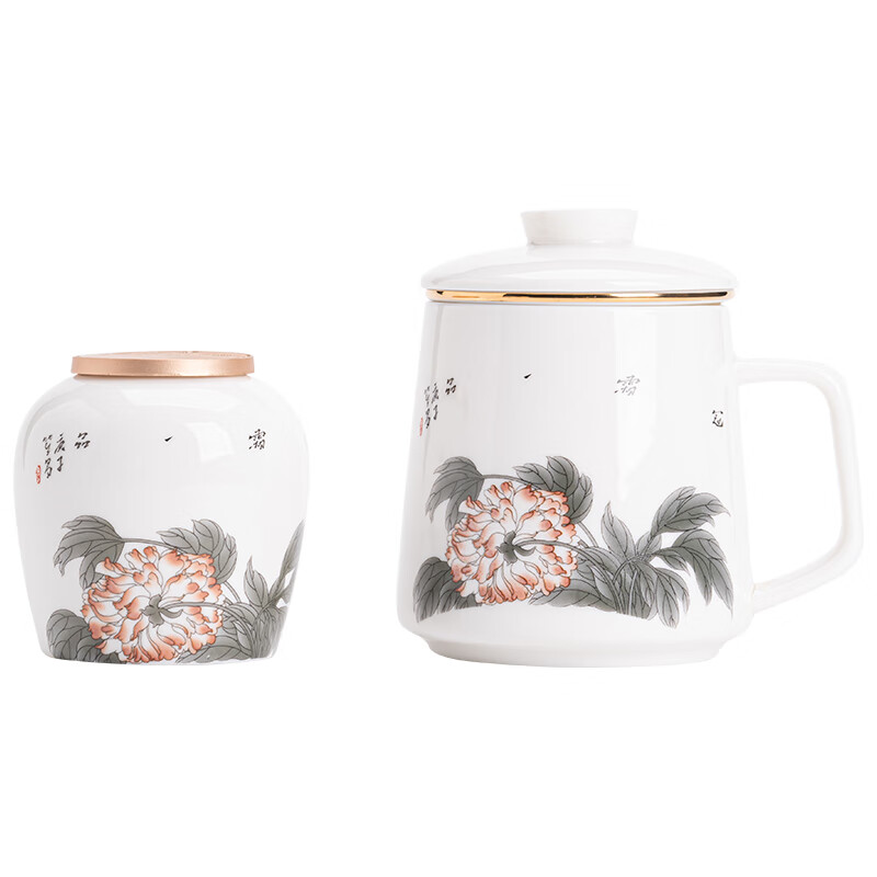 苏氏陶瓷/SUSHI CERAMICS J0890 羊脂玉花开富贵茶叶罐配主人茶杯茶格杯办公杯套组