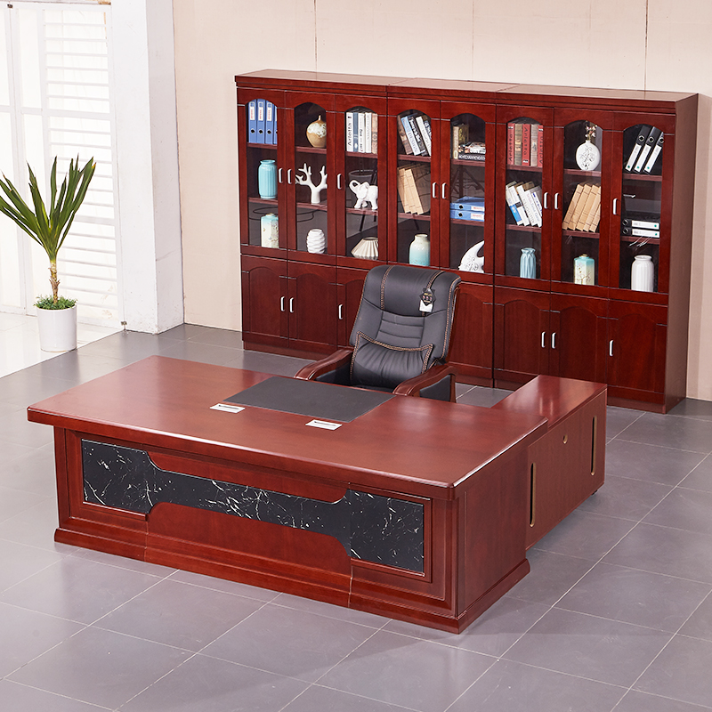 金扎特大班台办公桌总裁桌组合简约现代老板桌椅 红胡桃色 2.4*1.2米班台(含副柜、小柜)高清大图