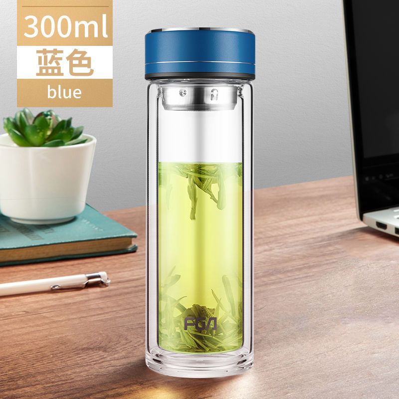 富光FGA玻璃杯男女双层泡茶杯家用茶水分离带过滤把手办公水杯子 蓝色 300ML