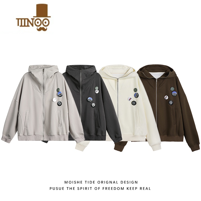 YANXUMOISHE TIDE美式街头拉链连帽开衫卫衣男女宽松百搭休闲灰色外套高清大图