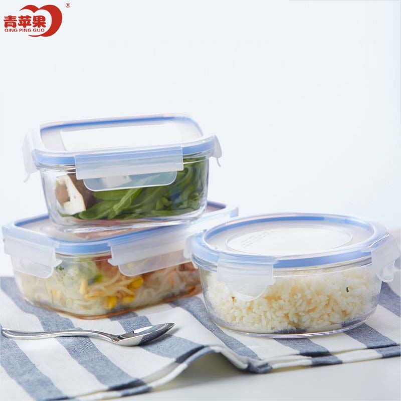 青苹果上班族玻璃饭盒微波炉加热专用保鲜盒钢化玻璃便当带盖餐碗套装