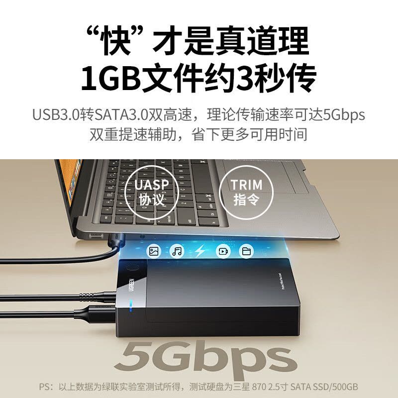 绿联(Ugreen)US222 USB3.0 3.5英寸移动硬盘盒电脑外置固态ssd机标准Type-C款1米线60736图片