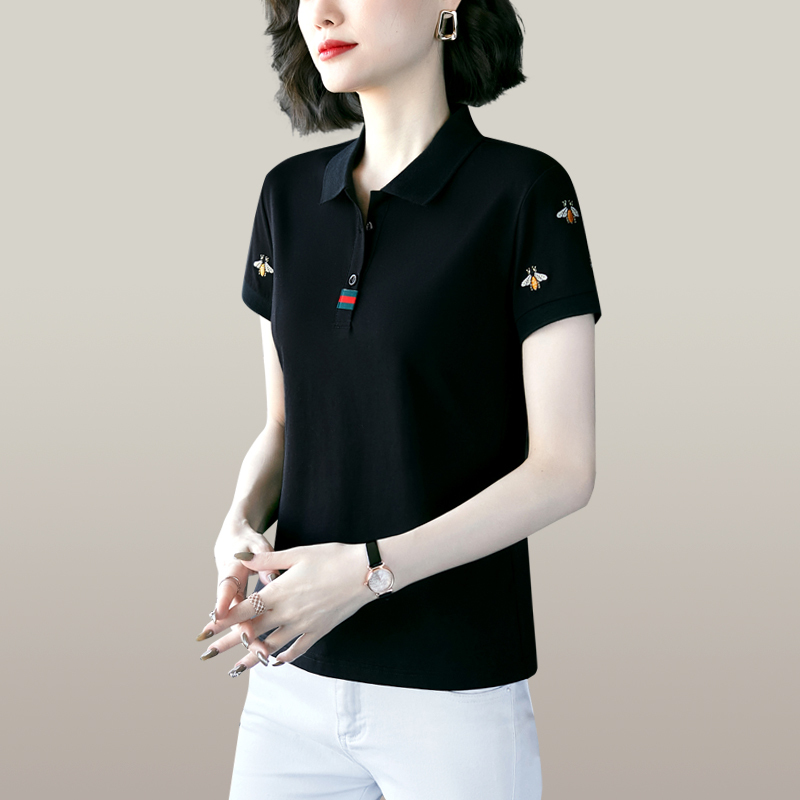 均妮品牌短袖翻领t恤女2022夏装新款绣花洋气棉质polo衫中年女士显瘦气质减龄有领上衣