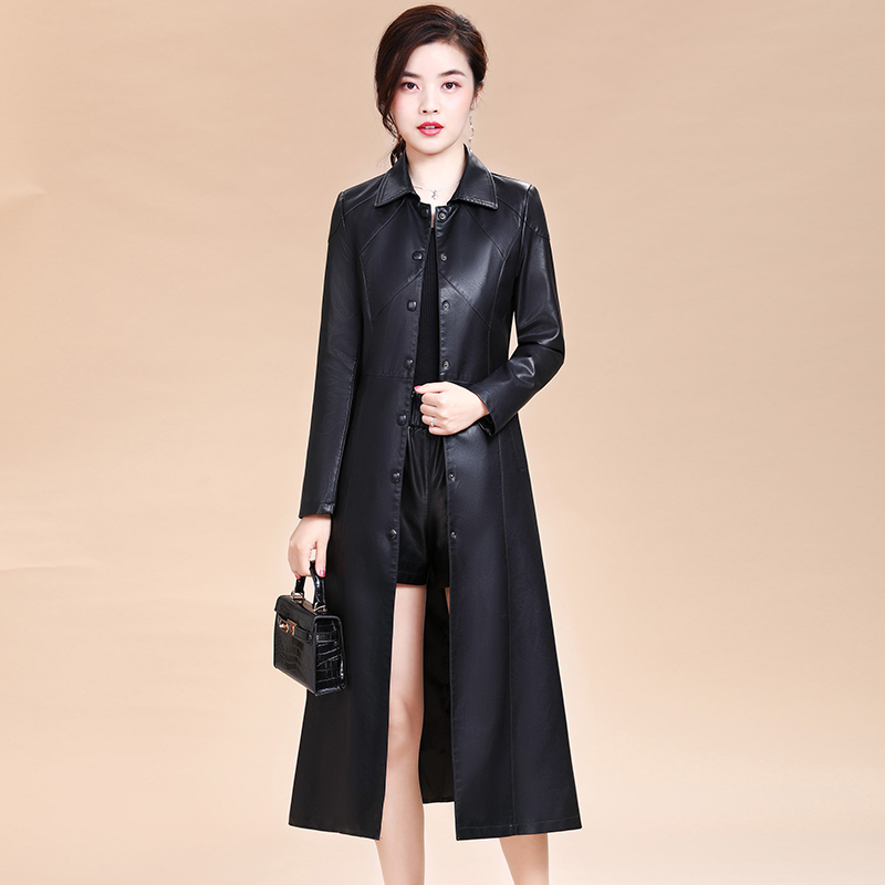 suntek2020春秋季新款皮衣外套女中长款韩版修身过膝海宁绵皮皮风衣