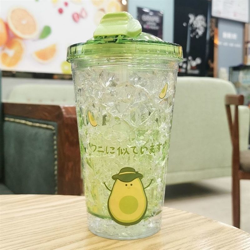 牛油果图案一450ml牛油果塑料吸管杯夏日碎冰杯女学生韩版可爱双层