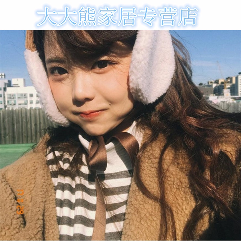 韩国风手工少女可爱甜美羊羔绒丝带系带护耳耳罩软妹保暖