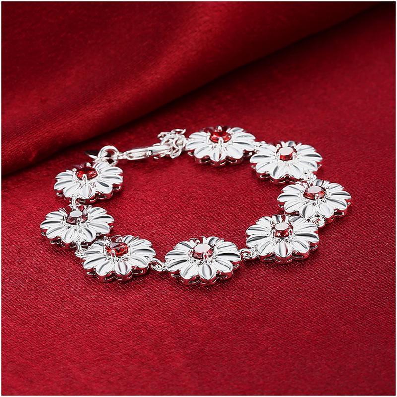 H495Women Silver Bracelet女生饰品红水晶花朵手链镀925纯银复古送女朋友七夕情人节礼物